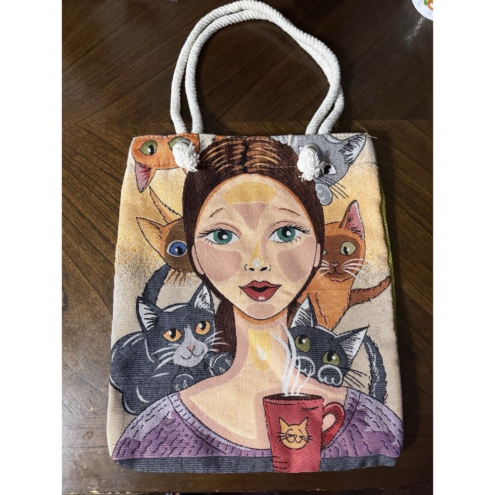 Artistic Tapestry Cat Lady Tote Bag With Rope Handles Coffee Mug Whimsical Boho